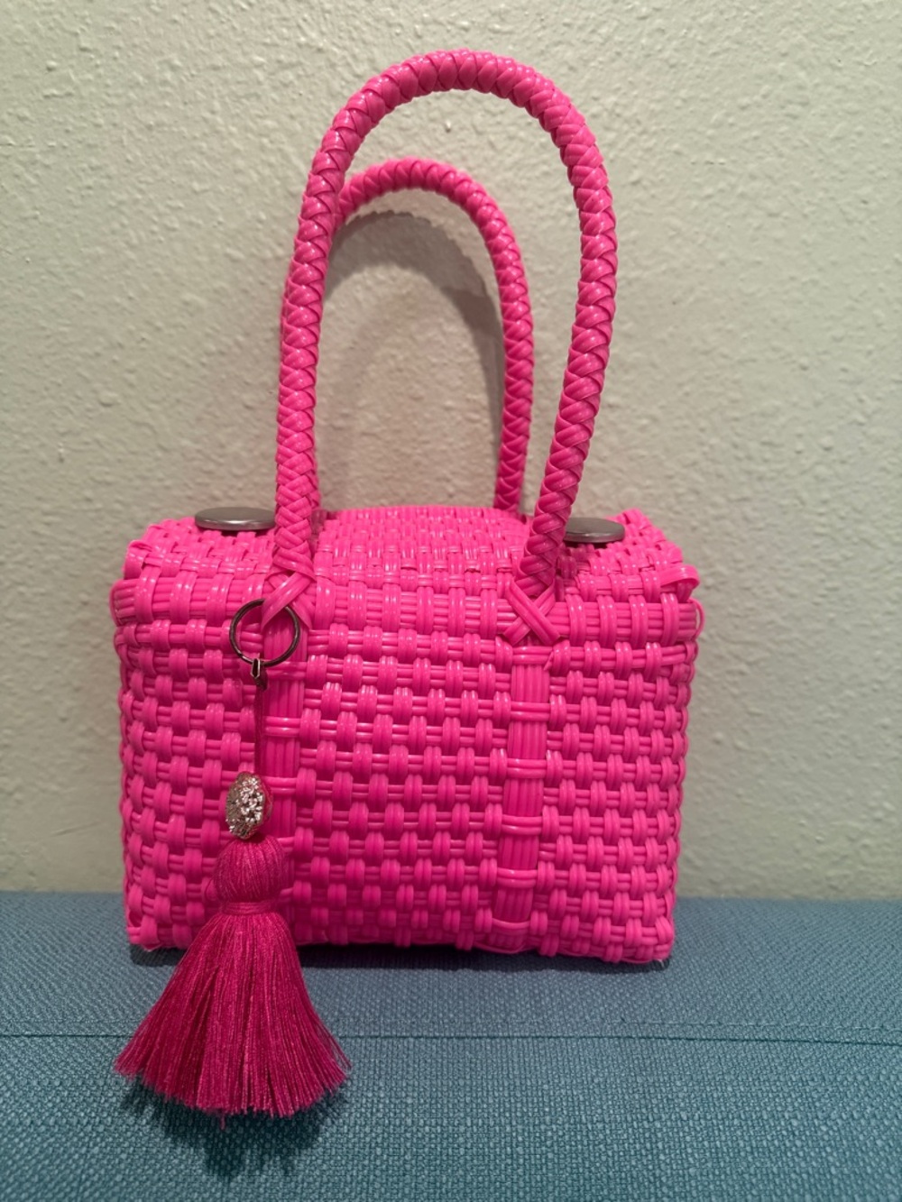 Woven Tassel Top-Handle Bag in Hot Pink